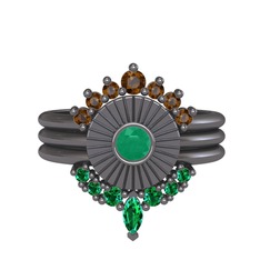 Minimal Tria Cora Yüzük - Dumanlı kuvars, kök zümrüt ve yeşil kuvars 925 ayar siyah rodyum kaplama gümüş yüzük #ic7v4s