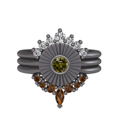 Minimal Tria Cora Yüzük - Swarovski, peridot ve dumanlı kuvars 925 ayar siyah rodyum kaplama gümüş yüzük #nzj4qj