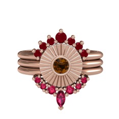 Minimal Tria Cora Yüzük - Kök yakut, dumanlı kuvars ve rodolit garnet 18 ayar rose altın yüzük #obci57