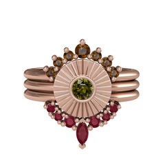 Minimal Tria Cora Yüzük - Dumanlı kuvars, peridot ve kök yakut 18 ayar rose altın yüzük #ui2p27