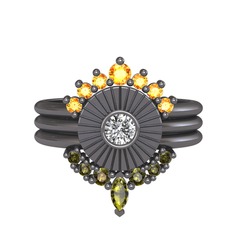 Minimal Tria Cora Yüzük - Sitrin, swarovski ve peridot 925 ayar siyah rodyum kaplama gümüş yüzük #yin7kr
