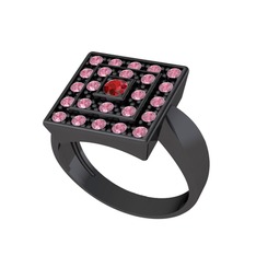 Garnet ve pembe kuvars 925 ayar siyah rodyum kaplama gümüş yüzük