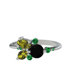 Binx Yüzük - Siyah zirkon, peridot ve yeşil kuvars 18 ayar beyaz altın yüzük #1hjxx2a