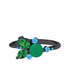 Binx Yüzük - Kök zümrüt, yeşil kuvars ve akuamarin 925 ayar siyah rodyum kaplama gümüş yüzük #1mcypzu