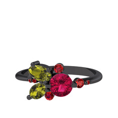 Binx Yüzük - Rodolit garnet, peridot ve garnet 925 ayar siyah rodyum kaplama gümüş yüzük #p44kdm