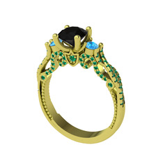 Kraliçe Tektaş Yüzük - Siyah zirkon, akuamarin ve yeşil kuvars 14 ayar altın yüzük #qcdbi7