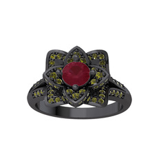 Taşlı Lotus Çiçeği Yüzük - Kök yakut ve peridot 925 ayar siyah rodyum kaplama gümüş yüzük #13vform