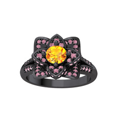Taşlı Lotus Çiçeği Yüzük - Sitrin ve pembe kuvars 925 ayar siyah rodyum kaplama gümüş yüzük #1a5oby4