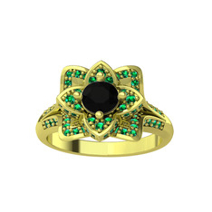 Taşlı Lotus Çiçeği Yüzük - Siyah zirkon ve yeşil kuvars 925 ayar altın kaplama gümüş yüzük #1bifalc