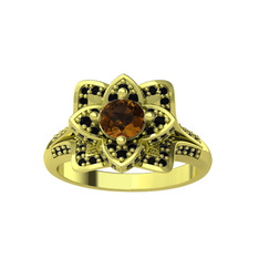 Taşlı Lotus Çiçeği Yüzük - Dumanlı kuvars ve siyah zirkon 925 ayar altın kaplama gümüş yüzük #1btrhvy