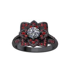 Taşlı Lotus Çiçeği Yüzük - Swarovski ve garnet 925 ayar siyah rodyum kaplama gümüş yüzük #1qf0297