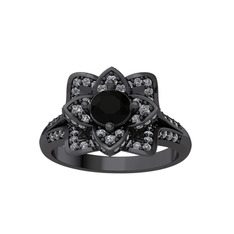 Taşlı Lotus Çiçeği Yüzük - Siyah zirkon ve pırlanta 925 ayar siyah rodyum kaplama gümüş yüzük (0.9064 karat) #1z0conj