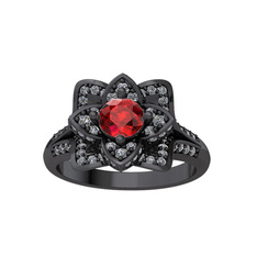Taşlı Lotus Çiçeği Yüzük - Garnet ve swarovski 925 ayar siyah rodyum kaplama gümüş yüzük #4gweqc