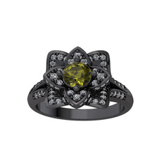 Taşlı Lotus Çiçeği Yüzük - Peridot ve pırlanta 925 ayar siyah rodyum kaplama gümüş yüzük (0.9064 karat) #dbct99