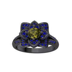 Taşlı Lotus Çiçeği Yüzük - Peridot ve lab safir 925 ayar siyah rodyum kaplama gümüş yüzük #ehi9vv