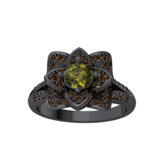 Taşlı Lotus Çiçeği Yüzük - Peridot ve dumanlı kuvars 925 ayar siyah rodyum kaplama gümüş yüzük #lm84kv