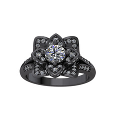 Taşlı Lotus Çiçeği Yüzük - Pırlanta ve swarovski 925 ayar siyah rodyum kaplama gümüş yüzük (0.5 karat) #to98w1