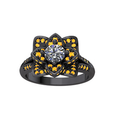 Taşlı Lotus Çiçeği Yüzük - Swarovski ve sitrin 925 ayar siyah rodyum kaplama gümüş yüzük #zqtu3n
