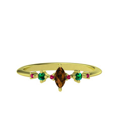 Minimal Aster Yüzük - Dumanlı kuvars, yeşil kuvars ve rodolit garnet 14 ayar altın yüzük #6ntxu8