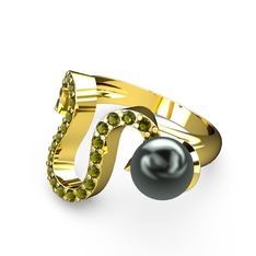 Lora İnci Yüzük - Siyah inci ve peridot 18 ayar altın yüzük #18j9bbc