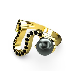 Lora İnci Yüzük - Siyah inci ve siyah zirkon 18 ayar altın yüzük #1vzf26e