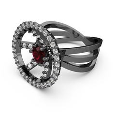 Mayra Çember Yüzük - Swarovski ve rodolit garnet 925 ayar siyah rodyum kaplama gümüş yüzük #c6exun