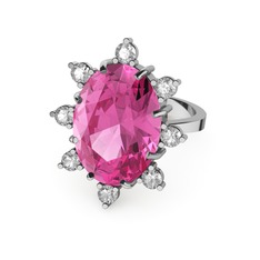 Pembe kuvars ve swarovski 14 ayar beyaz altın yüzük