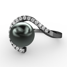 Heloise İnci Yüzük - Siyah inci ve pırlanta 925 ayar siyah rodyum kaplama gümüş yüzük (0.198 karat) #3qummy