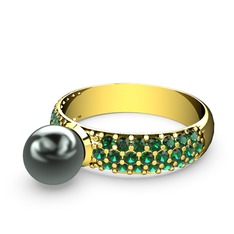 Lena İnci Yüzük - Siyah inci ve yeşil kuvars 8 ayar altın yüzük #1m2962q