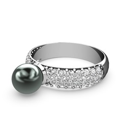 Lena İnci Yüzük - Siyah inci ve beyaz zirkon 925 ayar gümüş yüzük #z56ydm